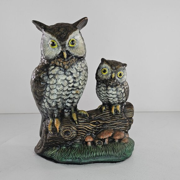 Vintage Owl Mom Baby Perched On Log With Mushrooms Figurine Hand Painted - Picture 7 of 8